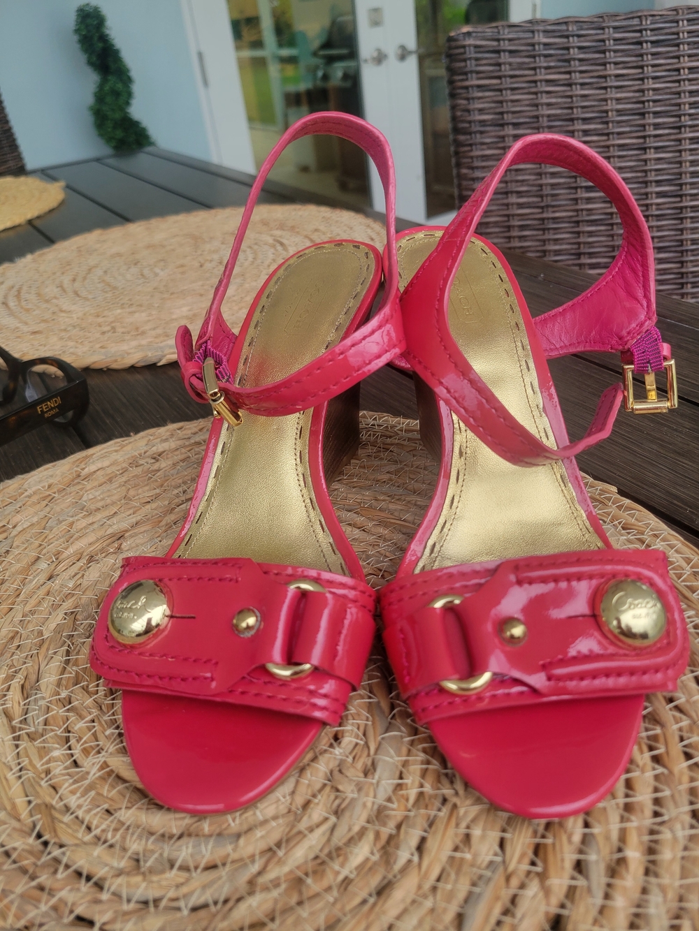 Coach Hot Pink Patent Leather Wedge Sandals